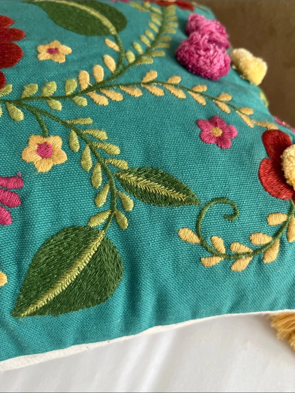 Pier 1 Fiesta Floral teal lumber embroidered  lumbar pillow boho fringe tassels